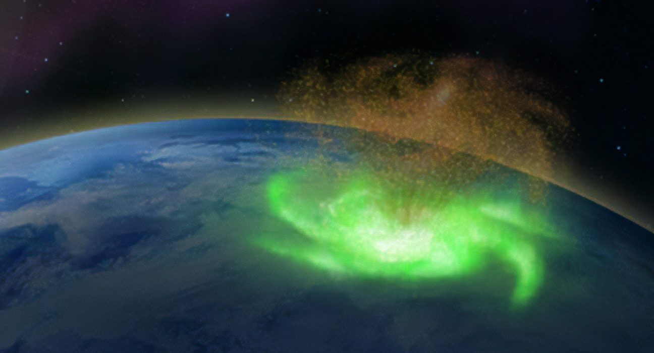 illustration of a green cyclone-shaped aurora near Earth