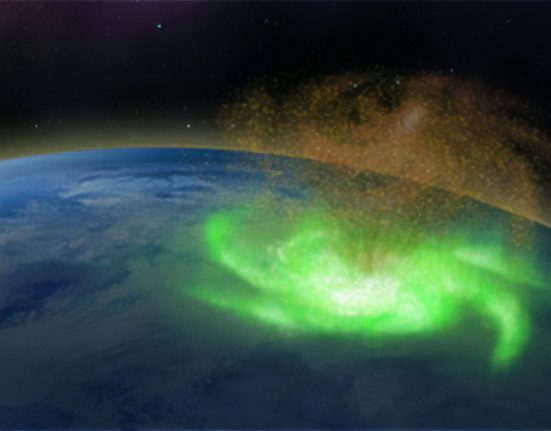 illustration of a green cyclone-shaped aurora near Earth