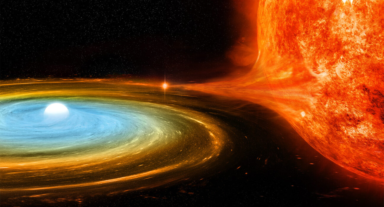 A tiny white dwarf star, surrounded by a swirl of material, is siphoning more material from a nearby fiery-looking red giant star in this illustration.