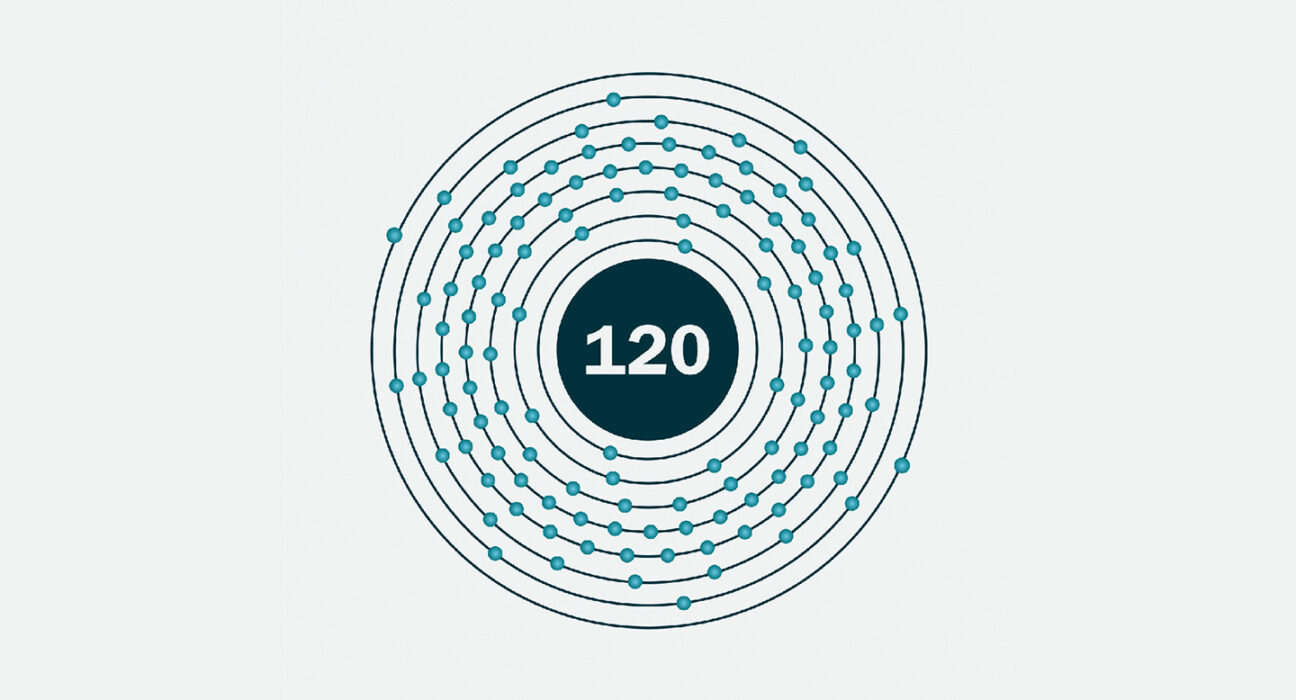 An illustration of element 120 shows 120 electrons arranged around a nucleus.