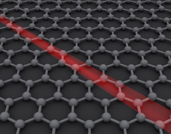 This illustration of a sheet of graphene shows a grid of connected atoms with a red streak going diagonally across it.