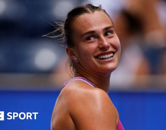 Aryna Sabalenka smiles after beating Lucia Bronzetti in second round of the 2024 US Open