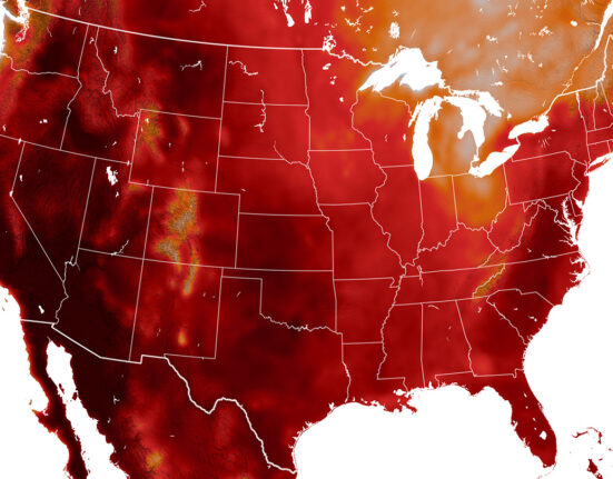 A map of the United States is colored in different shades of red, denoting how hot the temperatures were on June 10, 2024.