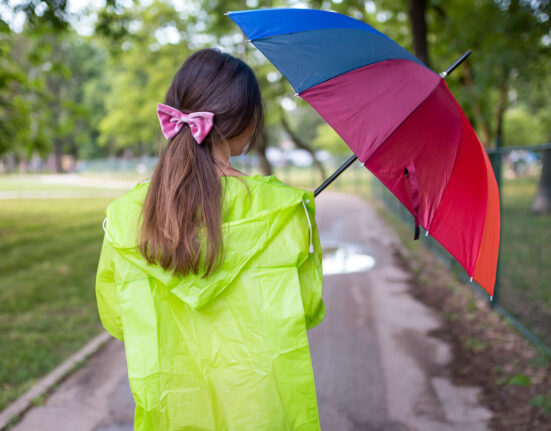 A girl in a raincoat holding an umbrella