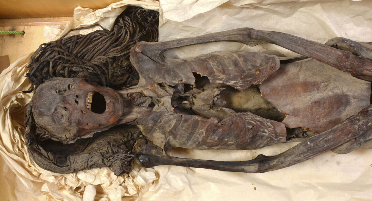 A mummy with her mouth wide open