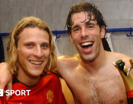 Diego Forlan and Ruud van Nistelrooy celebrate Manchester United's win over Blackburn Rovers in the 2003 League Cup semi-finals