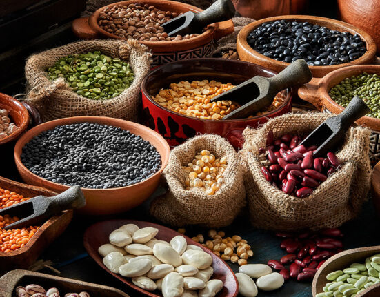 an array of dried beans and legumes arrangesd on a rustic wooden table in bowls and sacks