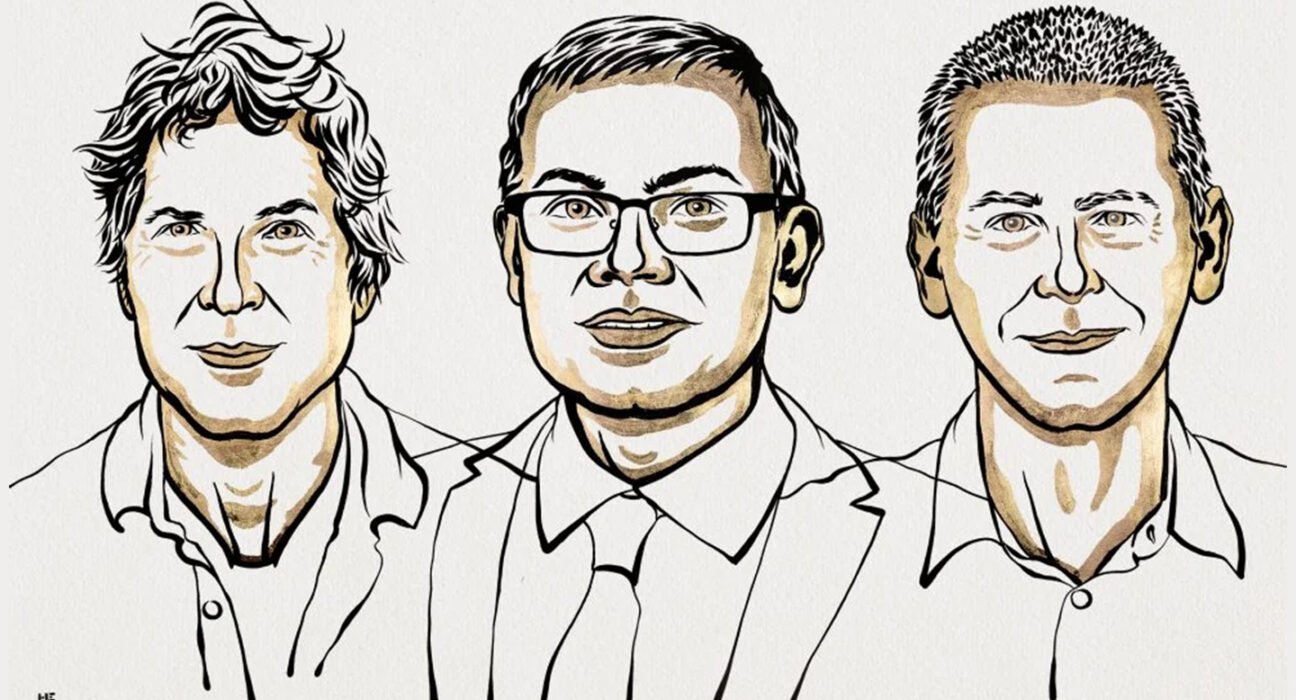 Sketches of Nobel prize winners David Baker, Demis Hassabis and John Jumper.