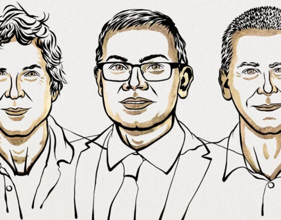 Sketches of Nobel prize winners David Baker, Demis Hassabis and John Jumper.