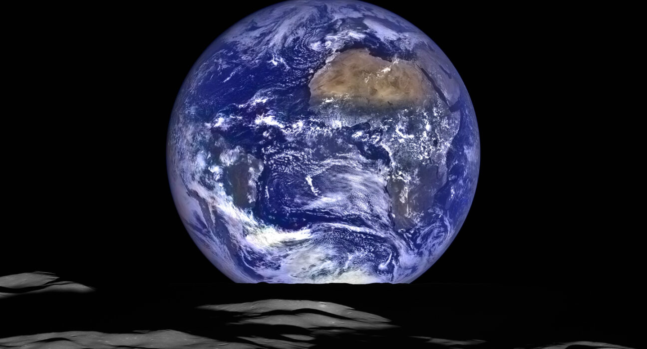 A photo of Earth taken by a NASA spacecraft in orbit around the moon