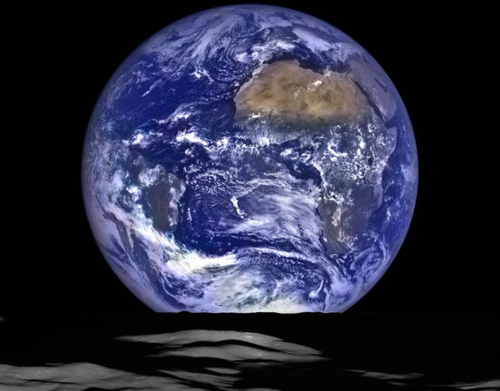 A photo of Earth taken by a NASA spacecraft in orbit around the moon