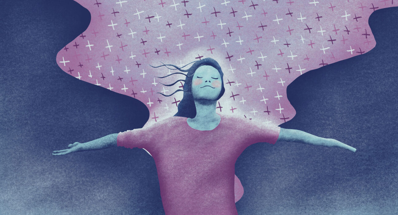 a cool toned watercolor style illustration of a young woman with long hair facing forward. Her head is tilted up, her eyes are closed, and behind her is a cloud of plus (positive) signs