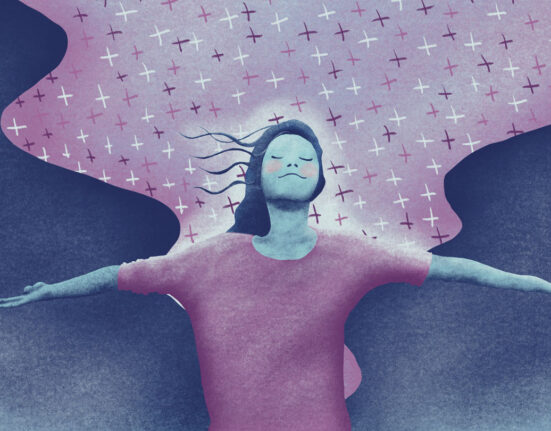 a cool toned watercolor style illustration of a young woman with long hair facing forward. Her head is tilted up, her eyes are closed, and behind her is a cloud of plus (positive) signs