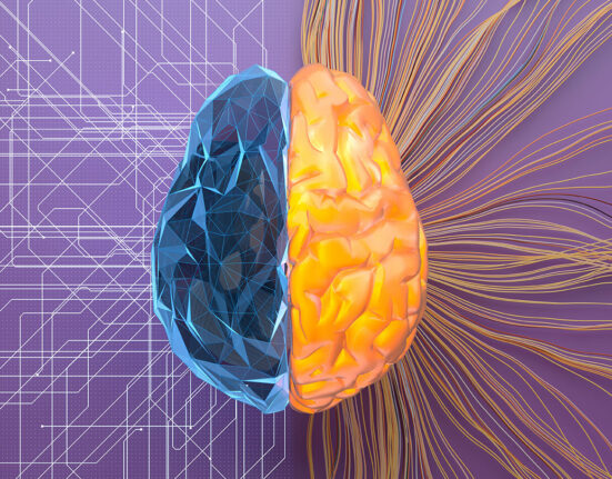 an illustration of the idea of the left brain being analytical (more angles and a circuitboard type network branching out) and right brain being more creative (vibrant and a network of colored strings)