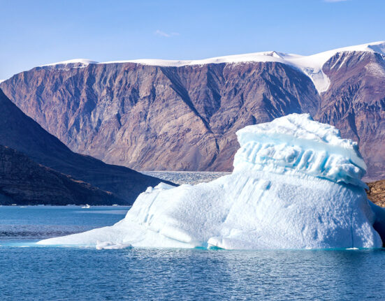 a photo of Dickson Fjord, a small iceberg is in ocean water close to steep snow covered cliffs