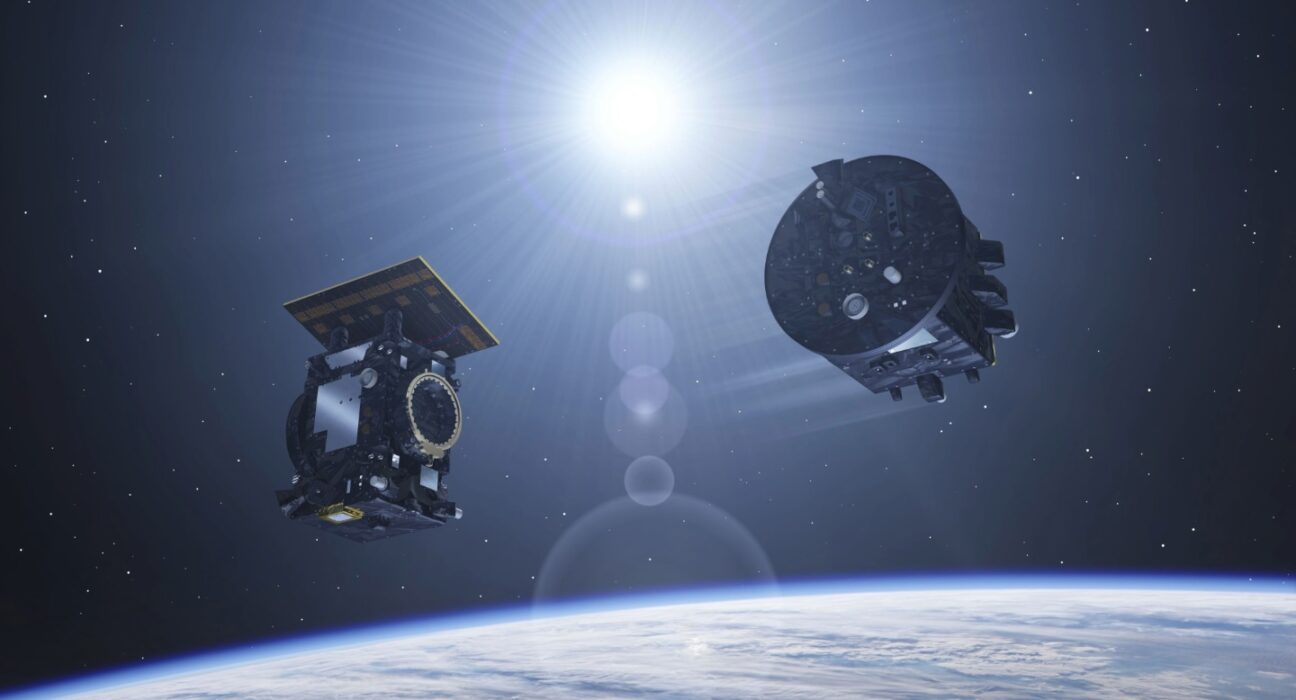 Two satellites floating above the Earth, with the sun in the background.