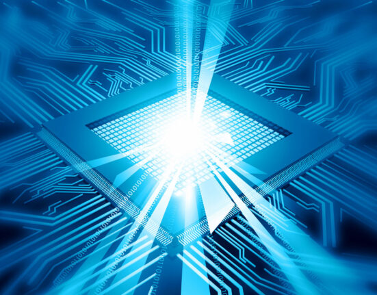 a computer illustration of a computer chip on motherboard, the chip is emitting light