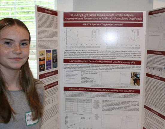 a photo of Mackensey Wilson, a young girl with pale skin, freckles and straight hair standing next to her science project poster board about finding BHT in pet food