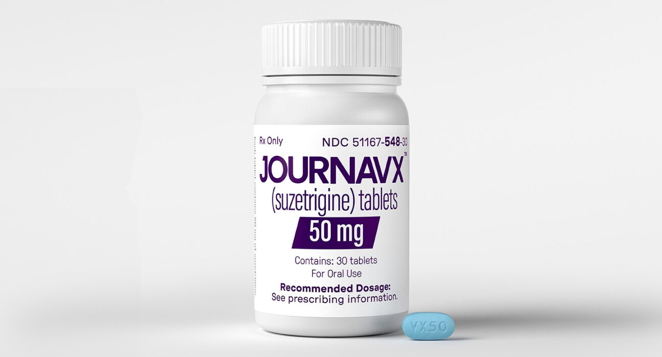 An image of a pill bottle labeled JOURNAVX with a little blue pill beside it.