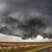 Dark storm clouds hover over a field as a large tornado touches down.