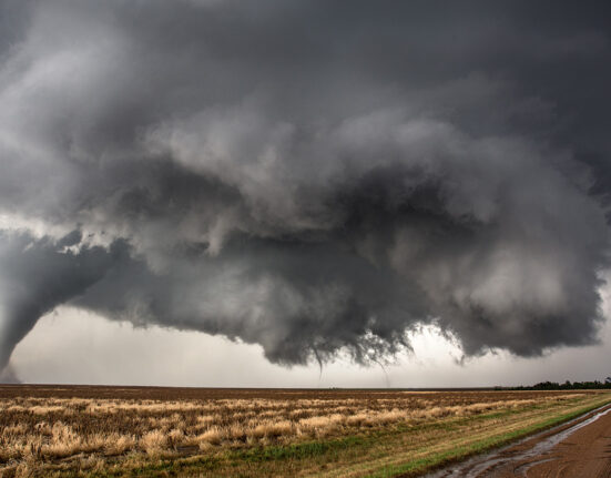 Dark storm clouds hover over a field as a large tornado touches down.